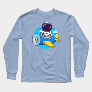 Cute Astronaut Flight With Plane Cartoon Long Sleeve T-Shirt